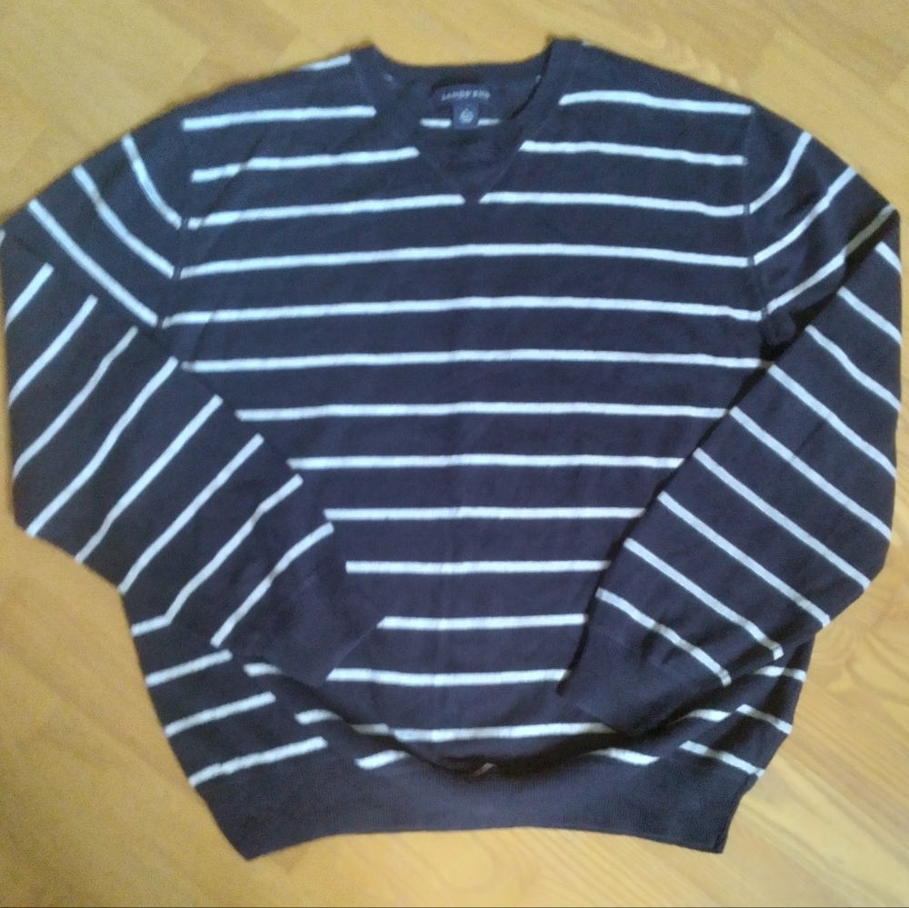 Lands End Men's Navy White Breton Stripes‎ Nautical Cashmere Blend Sweater Large